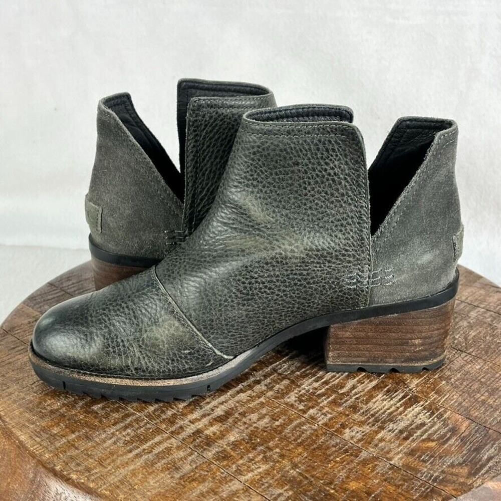 Sorel Ankle Boots Shoes Womens 6 Cate Cut Out Black Gray Leather Slip On Cap Toe - Picture 5 of 9